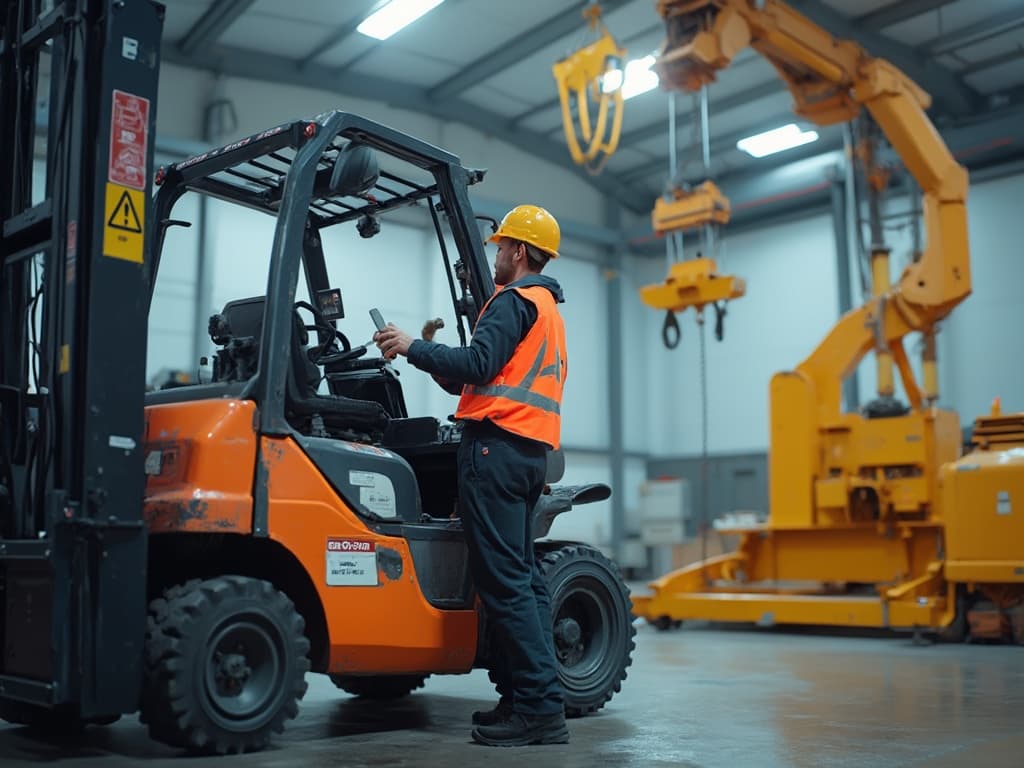 Yetkili bir mühendis tarafından forklift periyodik kontrolü yapılıyor